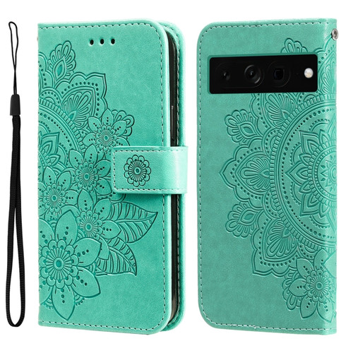 Google Pixel 7 Pro 7-petal Flowers Embossing Leather Phone Case - Green