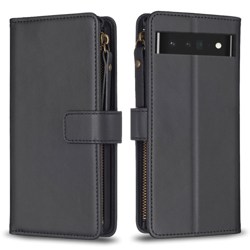 Google Pixel 7 Pro 9 Card Slots Zipper Wallet Leather Flip Phone Case - Black