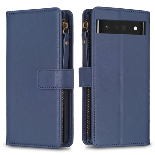 Google Pixel 7 Pro 9 Card Slots Zipper Wallet Leather Flip Phone Case - Blue