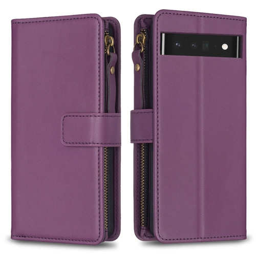 Google Pixel 7 Pro 9 Card Slots Zipper Wallet Leather Flip Phone Case - Dark Purple