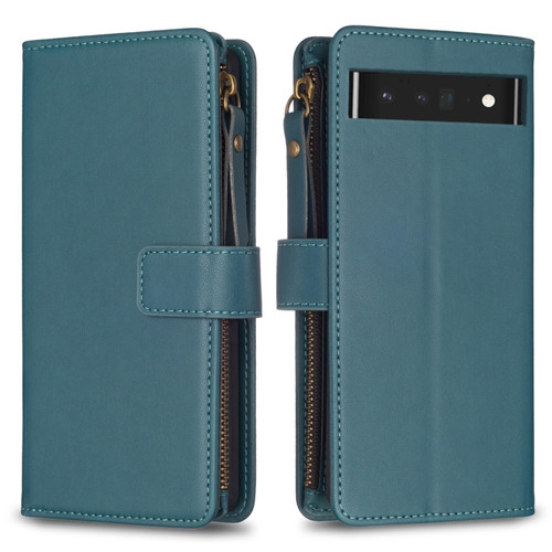 Google Pixel 7 Pro 9 Card Slots Zipper Wallet Leather Flip Phone Case - Green