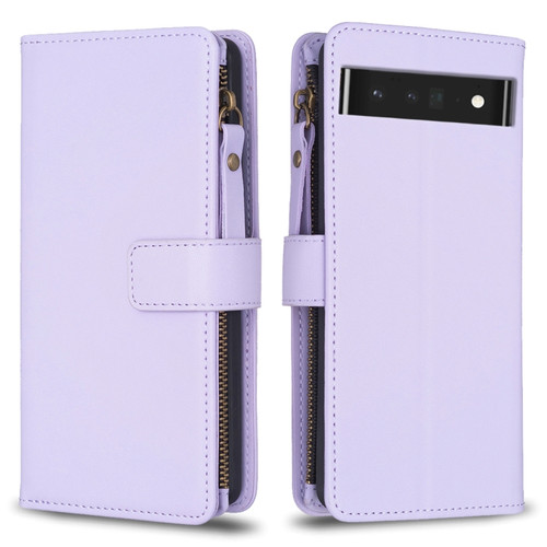 Google Pixel 7 Pro 9 Card Slots Zipper Wallet Leather Flip Phone Case - Light Purple