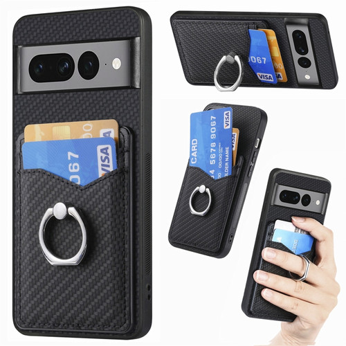 Google Pixel 7 Pro Carbon Fiber Card Wallet Ring Holder Phone Case - Black