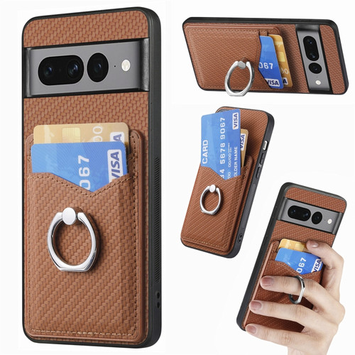 Google Pixel 7 Pro Carbon Fiber Card Wallet Ring Holder Phone Case - Brown
