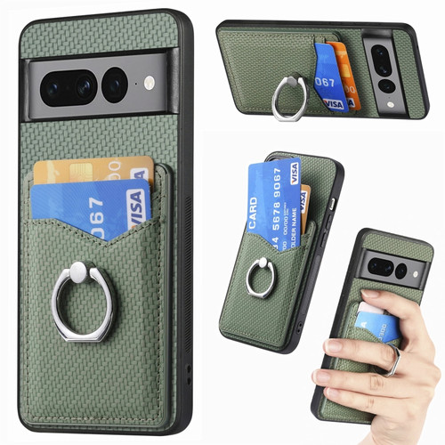 Google Pixel 7 Pro Carbon Fiber Card Wallet Ring Holder Phone Case - Green