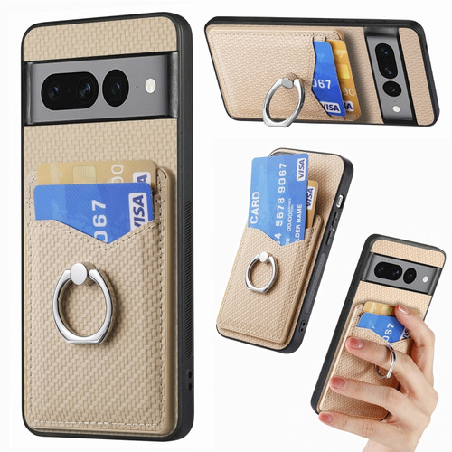 Google Pixel 7 Pro Carbon Fiber Card Wallet Ring Holder Phone Case - Khaki