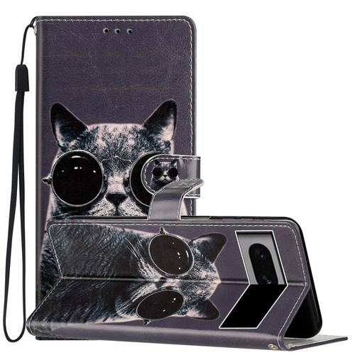 Google Pixel 7 Pro Colored Drawing Leather Phone Case - Sunglasses Cat