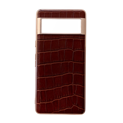 Google Pixel 7 Pro Crocodile Texture Genuine Leather Electroplating Phone Case - Brown