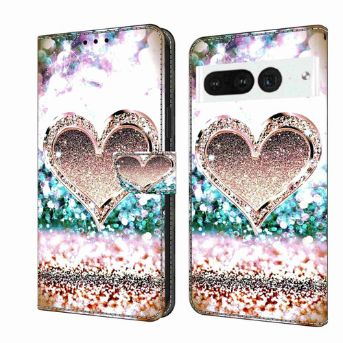 Google Pixel 7 Pro Crystal 3D Shockproof Protective Leather Phone Case - Pink Diamond Heart