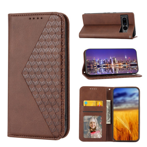 Google Pixel 7 Pro Cubic Grid Calf Texture Magnetic Closure Leather Phone Case - Brown