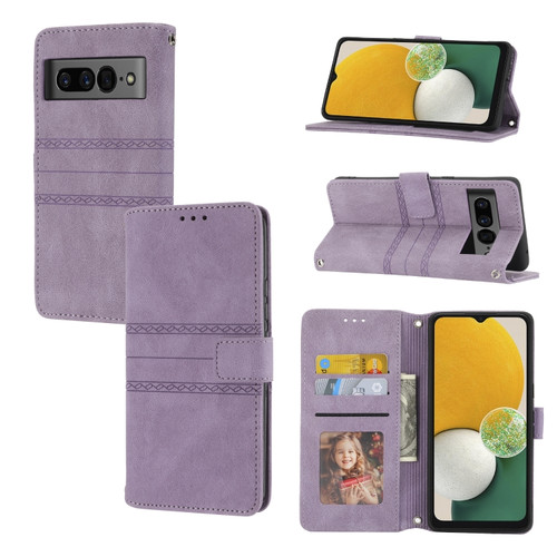 Google Pixel 7 Pro Embossed Striped Magnetic Buckle Horizontal Flip Phone Leather Case - Purple