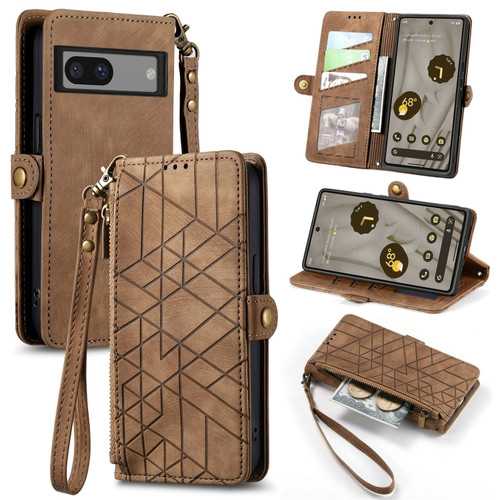 Google Pixel 7 Pro Geometric Zipper Wallet Side Buckle Leather Phone Case - Brown