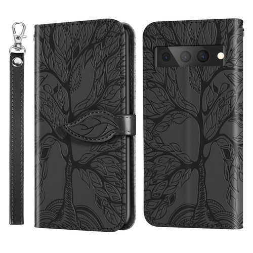 Google Pixel 7 Pro Life Tree Embossing Pattern Horizontal Flip Leather Phone Case - Black
