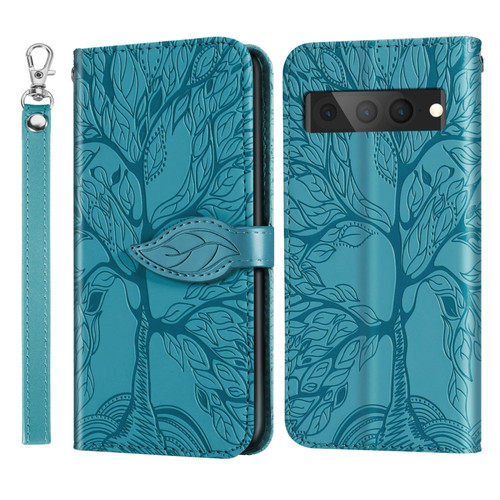 Google Pixel 7 Pro Life Tree Embossing Pattern Horizontal Flip Leather Phone Case - Blue