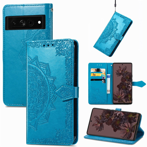 Google Pixel 7 Pro Mandala Flower Embossed Leather Phone Case - Blue