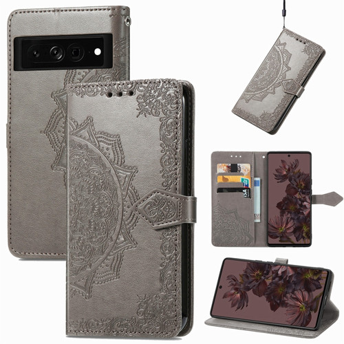 Google Pixel 7 Pro Mandala Flower Embossed Leather Phone Case - Gray