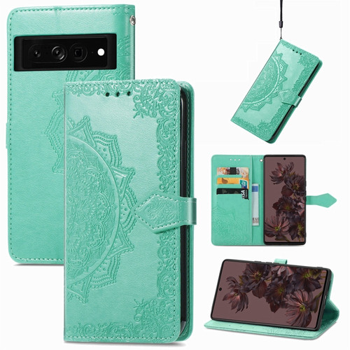 Google Pixel 7 Pro Mandala Flower Embossed Leather Phone Case - Green