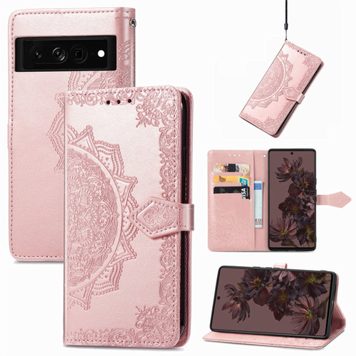 Google Pixel 7 Pro Mandala Flower Embossed Leather Phone Case - Rose Gold