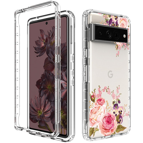 Google Pixel 7 Pro PC+TPU Transparent Painted Phone Case - Pink Rose