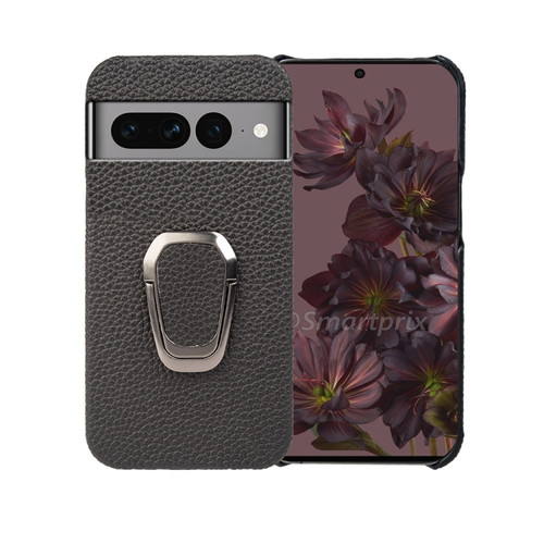 Google Pixel 7 Pro Ring Holder Litchi Texture Genuine Leather Phone Case - Black
