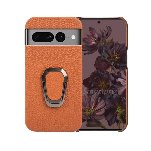 Google Pixel 7 Pro Ring Holder Litchi Texture Genuine Leather Phone Case - Brown