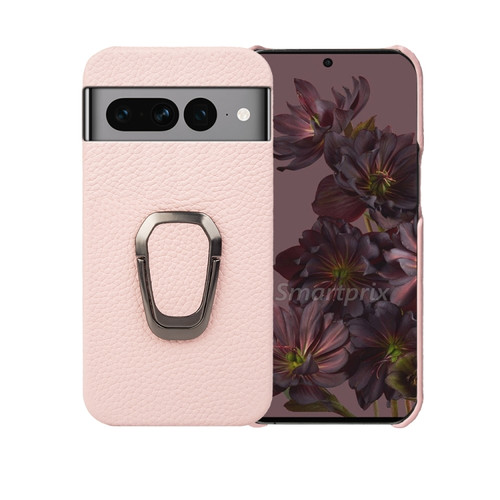Google Pixel 7 Pro Ring Holder Litchi Texture Genuine Leather Phone Case - Pink