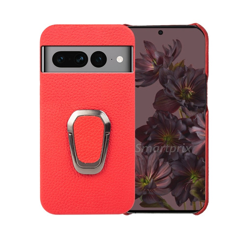 Google Pixel 7 Pro Ring Holder Litchi Texture Genuine Leather Phone Case - Red