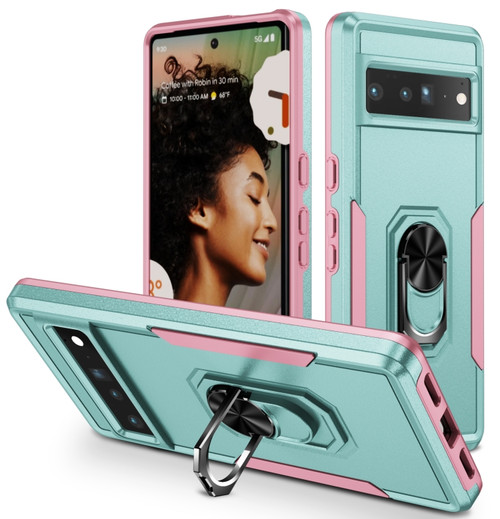 Google Pixel 7 Pro Ring Kickstand Heavy Duty Shockproof Phone Case - Green+Pink