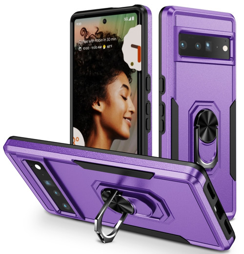 Google Pixel 7 Pro Ring Kickstand Heavy Duty Shockproof Phone Case - Purple+Black