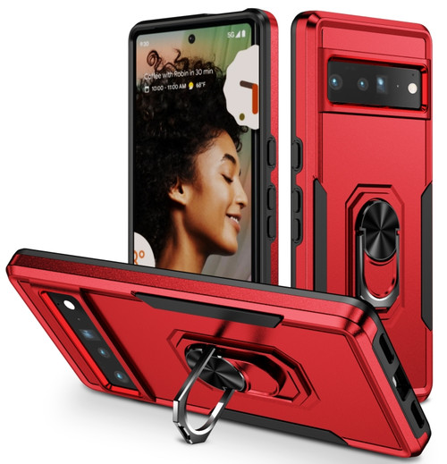 Google Pixel 7 Pro Ring Kickstand Heavy Duty Shockproof Phone Case - Red+Black