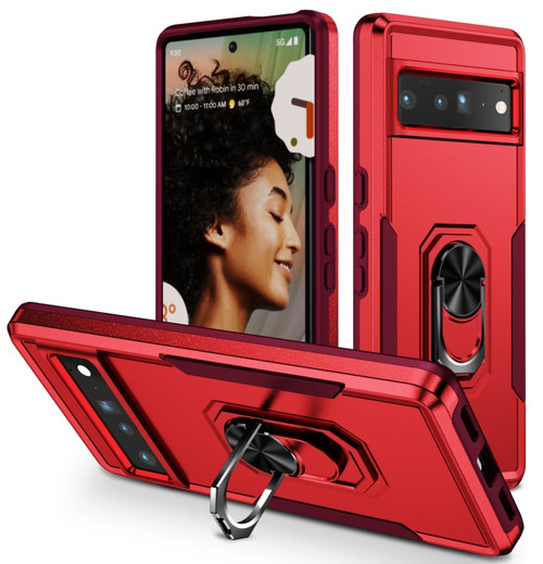 Google Pixel 7 Pro Ring Kickstand Heavy Duty Shockproof Phone Case - Red+Rose Red