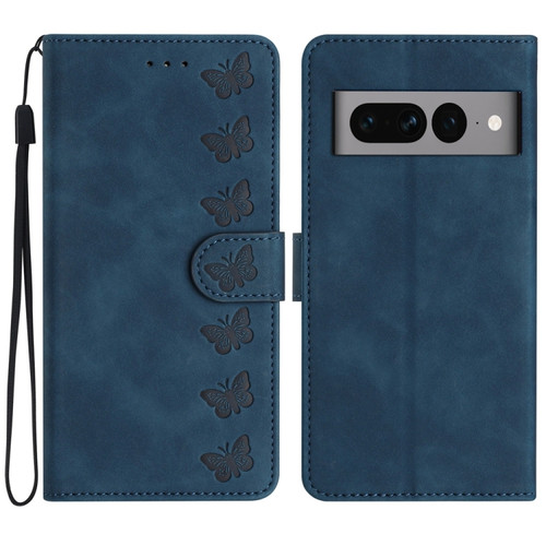 Google Pixel 7 Pro Seven Butterflies Embossed Leather Phone Case - Blue