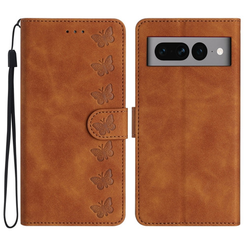 Google Pixel 7 Pro Seven Butterflies Embossed Leather Phone Case - Brown