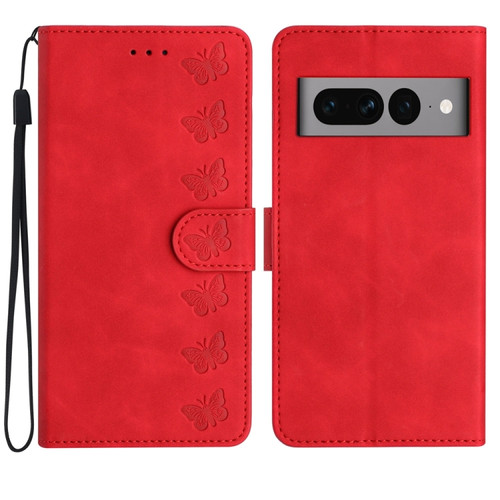 Google Pixel 7 Pro Seven Butterflies Embossed Leather Phone Case - Red