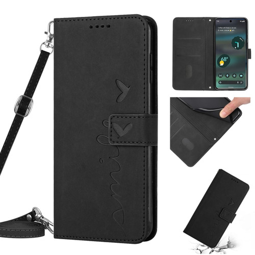 Google Pixel 7 Pro Skin Feel Heart Pattern Leather Phone Case With Lanyard - Black