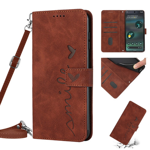 Google Pixel 7 Pro Skin Feel Heart Pattern Leather Phone Case With Lanyard - Brown