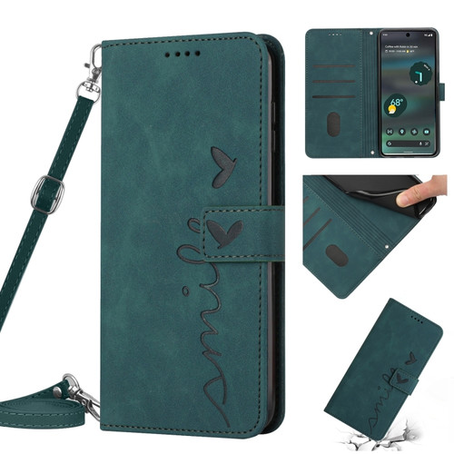 Google Pixel 7 Pro Skin Feel Heart Pattern Leather Phone Case With Lanyard - Green