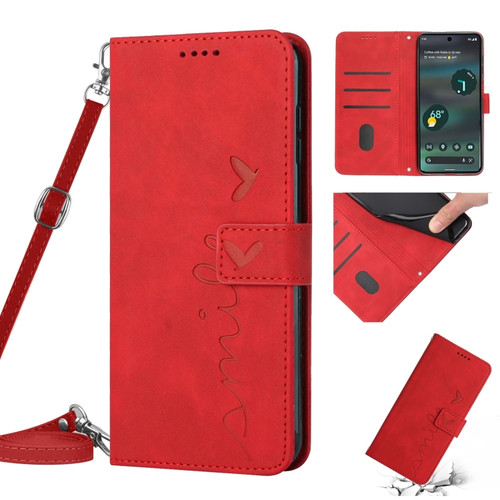 Google Pixel 7 Pro Skin Feel Heart Pattern Leather Phone Case With Lanyard - Red