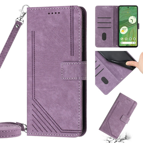 Google Pixel 7 Pro Skin Feel Stripe Pattern Leather Phone Case with Lanyard - Purple