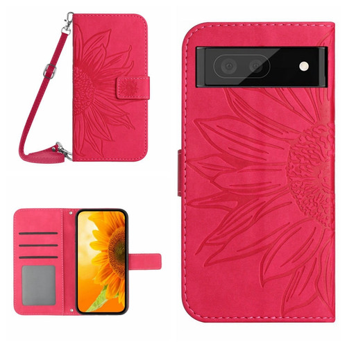 Google Pixel 7 Pro Skin Feel Sun Flower Pattern Flip Leather Phone Case with Lanyard - Rose Red