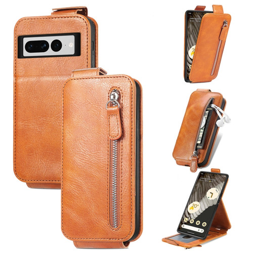 Google Pixel 7 Pro Zipper Wallet Vertical Flip Leather Phone Case - Brown