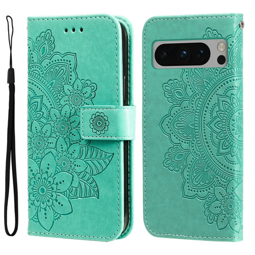 Google Pixel 8 Pro 7-petal Flowers Embossing Leather Phone Case - Green