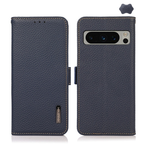 Google Pixel 8 Pro KHAZNEH Side-Magnetic Litchi Genuine Leather RFID Phone Case - Blue