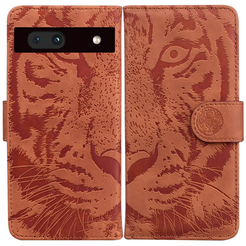 Google Pixel 7a Tiger Embossing Pattern Flip Leather Phone Case - Brown