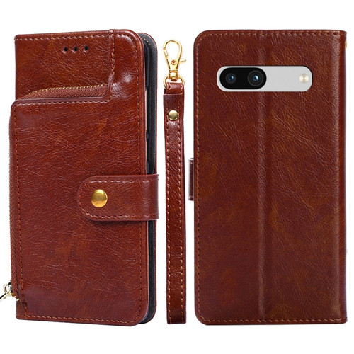 Google Pixel 7a Zipper Bag Leather Phone Case - Brown