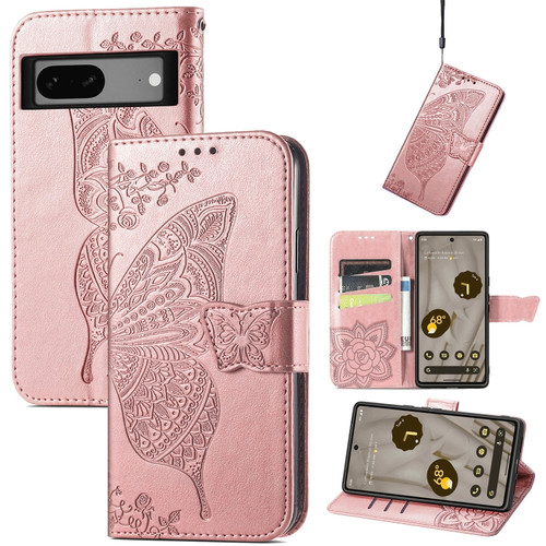 Google Pixel 7a Butterfly Love Flower Embossed Leather Phone Case - Rose Gold
