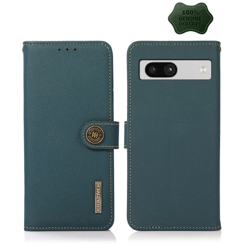 Google Pixel 7a KHAZNEH Custer Texture RFID Genuine Leather Phone Case - Green