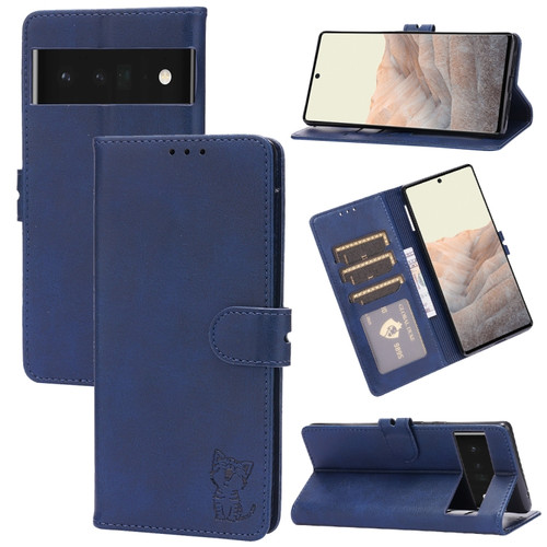 Google Pixel 7a Embossed Happy Cat Pattern Flip Leather Phone Case - Blue