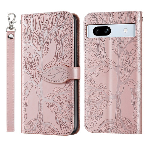 Google Pixel 7a Life Tree Embossing Pattern Flip Leather Phone Case - Rose Gold