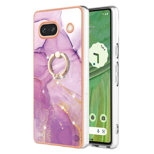 Google Pixel 7a Electroplating Marble IMD TPU Phone Case with Ring Holder - Purple 001